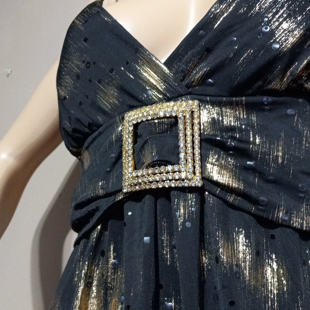Vintage 80s Icon USA polyester spandex spaghetti strap black / gold dress, sz L - Picture 7 of 8